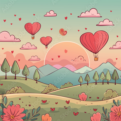 A cartoonish, romantic illustration featuring a large red heart-shaped balloon flying over a picturesque landscape.