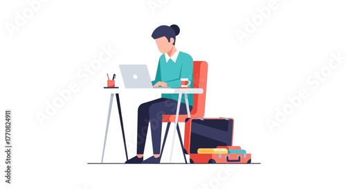Remote worker embraces digital nomad lifestyle, working on laptop with luggage nearby, offering flexibility and independence for the modern professional