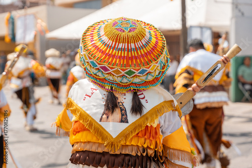 Sonajeros dancers wearing colorful traditional costumes, in the popular festival honoring Saint Joseph and the Holy Family in Zapotlan el grande, Ciudad Guzmán, Jalisco, Oct.2, 2025. Tuxpan
