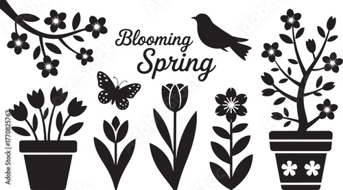 Black silhouette spring elements blooming flowers bird butterfly potted plants and tree branch nature