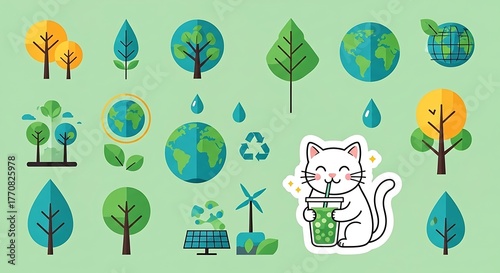 Eco-Friendly Stickers - Earth, Trees, and a Cat Sipping Green Juice.