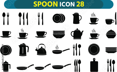 Collection of black silhouette icons representing kitchenware and dining utensils on white background