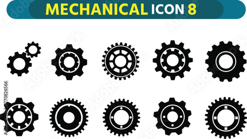 Collection of black silhouette mechanical gears and cogwheels for engineering and technology concepts