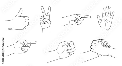 Vector of human hands in different gestures, minimal line art style, isolated on white background
