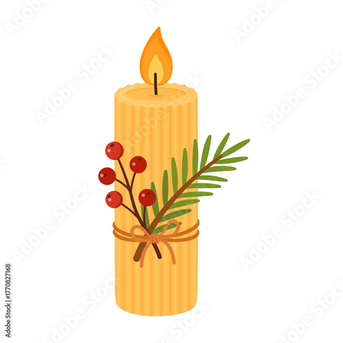 Christmas candle with pine branches, red berries, and a pine cone. Flat vector illustration. Perfect for holiday cards, winter decor, invitations, and festive design projects. Vector illustration
