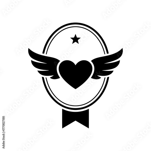 Vector art of heart with wings in a badge for love concept