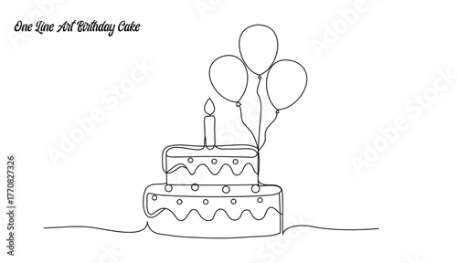 Continuous line birthday cake, One line cake with balloons, Minimalist celebration cake art, Continuous line party design, Simple cake and candle illustration