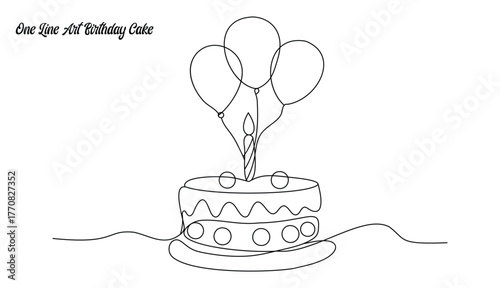 Continuous line birthday cake, One line cake with balloons, Minimalist celebration cake art, Continuous line party design, Simple cake and candle illustration