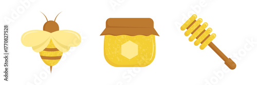 Colorful set: bee, honey spoon, jar of honey.