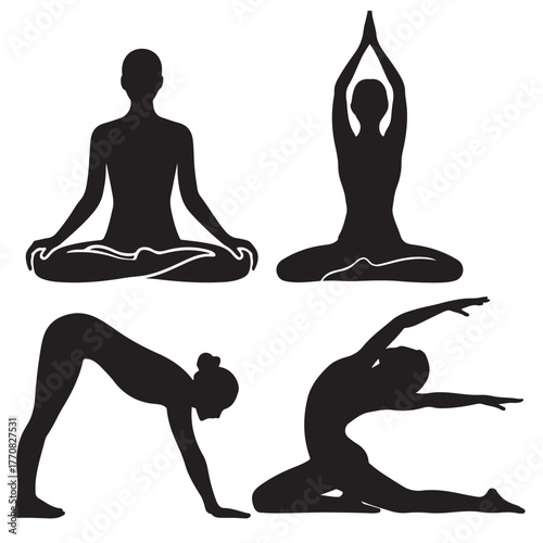 Yoga poses silhouette, meditation and exercise,