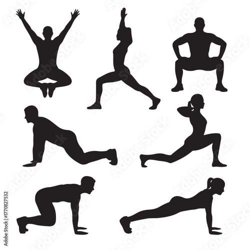 Yoga poses silhouette, meditation and exercise,