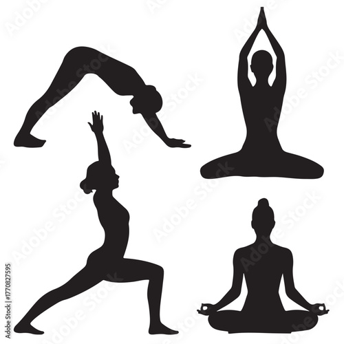 Yoga poses silhouette, meditation and exercise,