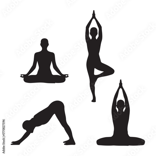Yoga poses silhouette, meditation and exercise,