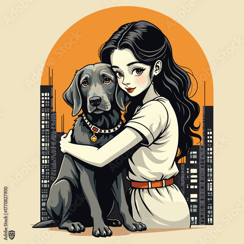 Young woman cuddling with her grey dog in urban background . Print