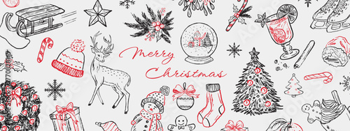 Hand drawn merry Christmas banner design with Christmas tree, mulled wine, deer, snowman, snow globe, mulled wine, wooden sled. Vector sketch illustration in vintage crayon charcoal style