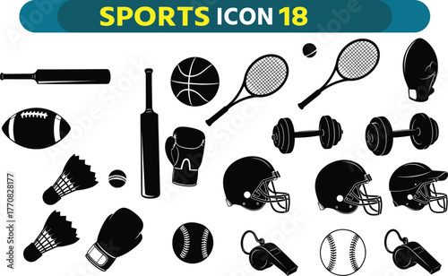 Collection of black and white sports equipment icons and illustrations on a white background