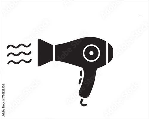 Minimal black silhouette of a hair dryer icon showing airflow, simple beauty salon equipment design concept for styling, drying, and grooming illustration