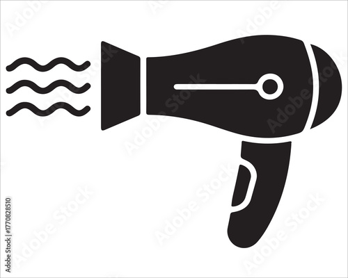 Black Silhouette of Hair Dryer Icon with Airflow Lines