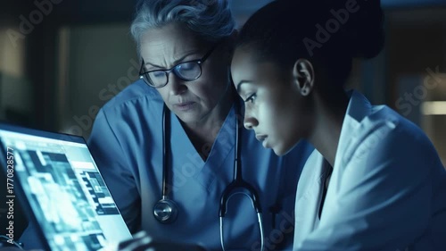 Two doctors examining patient files in an emergency room