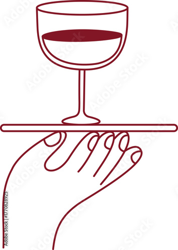 An elegant hand holding a glass of wine on a tray, handmade drawing, concept of elegant dining and professional service