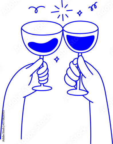 Two hands clinking handmade wine glasses to toast, representing celebration, friendship, and New Year's Eve