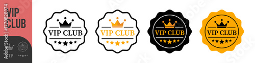 Vip club label, badge or tag. Vip club icons with crown and stars. Round label with three vip level in gold, silver and bronze color. Premium membership icon. Modern vector illustration
