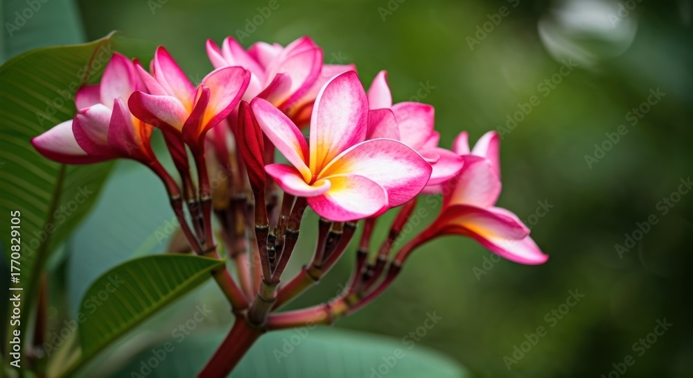 Fototapeta premium Vivid close-up of tropical pink and white flowers with yellow centers, blurred green background