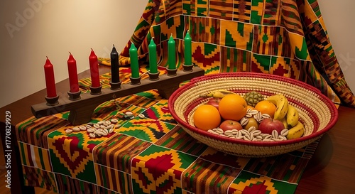Kwanzaa Celebration - Kinara, Fruits, and Traditional Cloth Display.