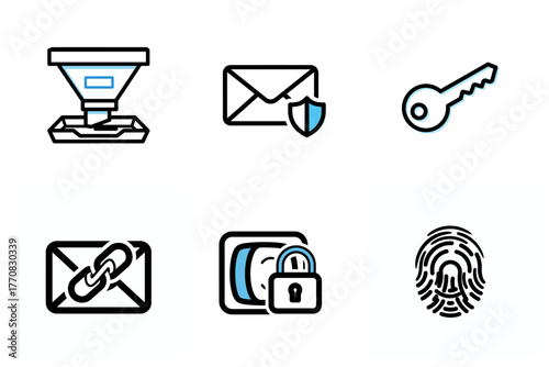 Cybersecurity and Data Protection Icons Set. Digital Security, Secure Email, Access Key, Biometric Fingerprint, Data Lock, and Processing Symbols. Modern Vector Art.