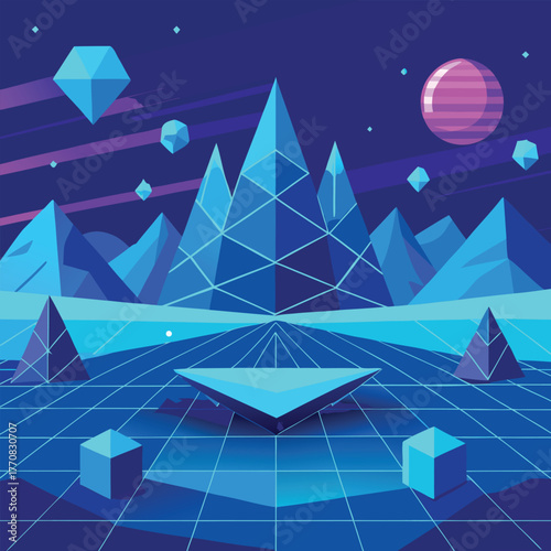 Futuristic Neon Landscape with Geometric Mountains and Planets