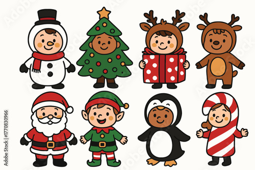 Cute cartoon christmas characters in festive costumes ready for the holidays