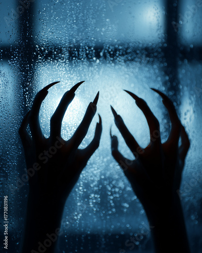 Dark silhouette hands with sharp claws touch the frosted window glass. A spine-chilling and mysterious scene