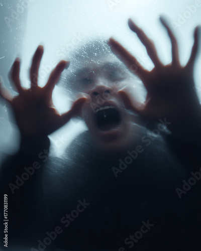 A person's face pressed against a frosted surface, hands reaching out, exuding an aura of fear and desperation