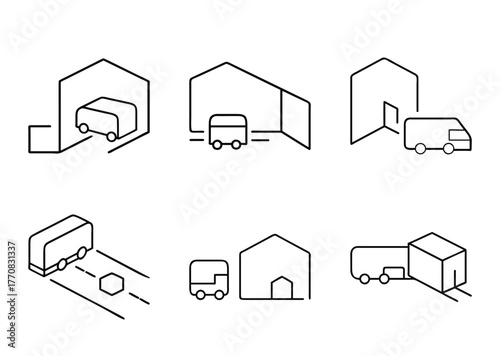 Minimalist line drawing collection of transportation and warehousing icons, vehicles and buildings