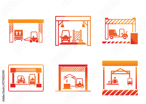 Warehouse and transportation icons, various delivery service concepts in orange color gradient