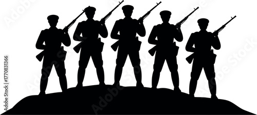 A squad of five soldiers stands in silhouette on a hill, holding rifles.