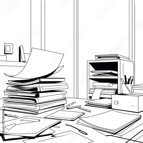 A cluttered desk with stacks of papers, books, and office supplies suggests a busy workday.