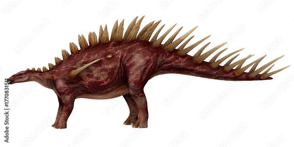 Fototapeta premium Spiked stegosaurus dinosaur illustration in rich red tones.