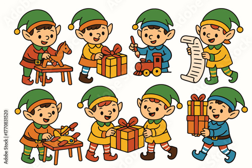 Christmas elves busy making and delivering presents for the holidays