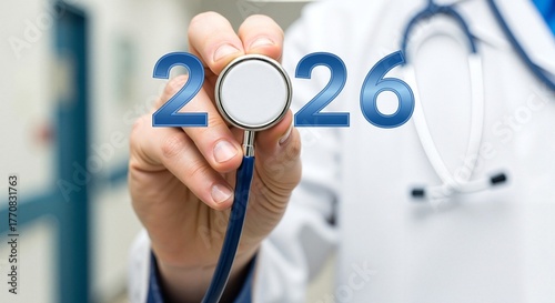 Doctor's hand with medical stethoscope with numbers 2026, white and blue hospital setting. New Year's banner in medicine. Clinics and hospitals, GP practice, beginning and plan for new season