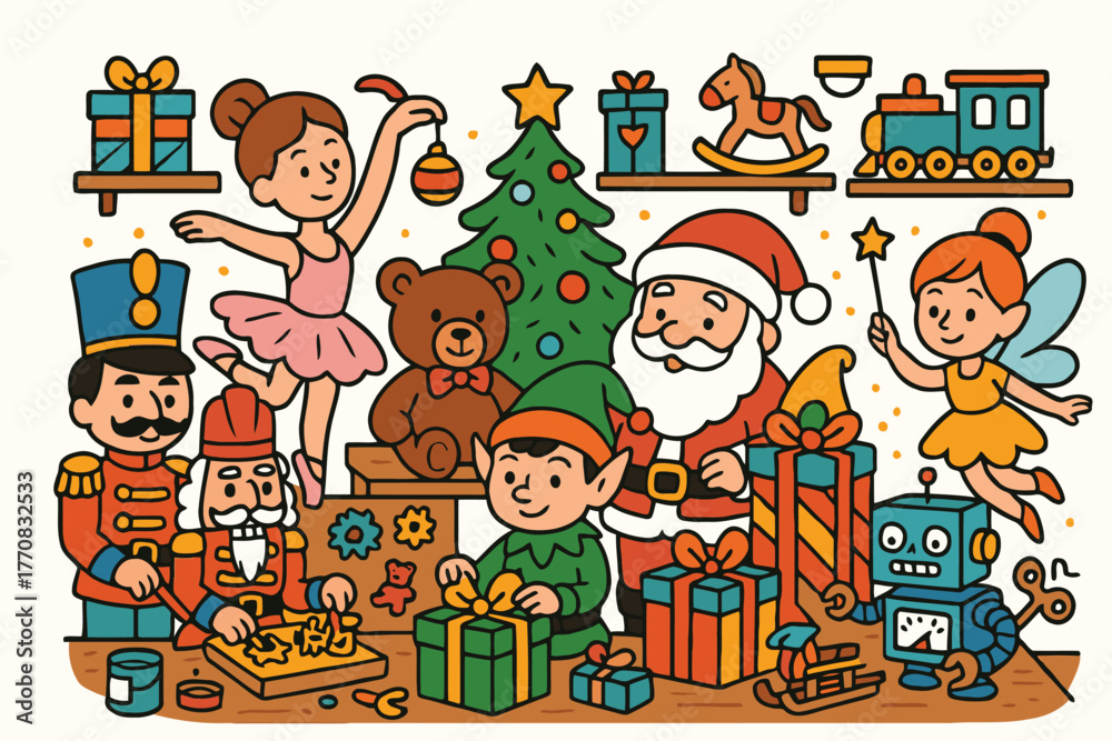 Fototapeta premium Whimsical christmas scene with santa elves and a variety of classic toys