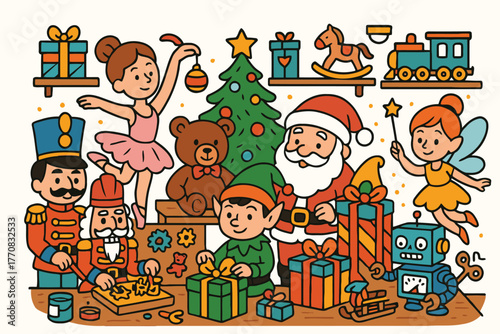 Whimsical christmas scene with santa elves and a variety of classic toys