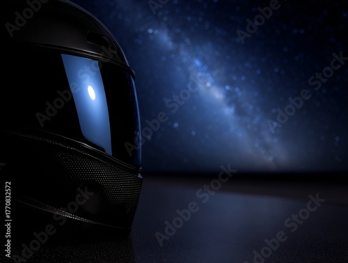 Astronaut helmet reflecting nebula and stars, contemplating the vast cosmos