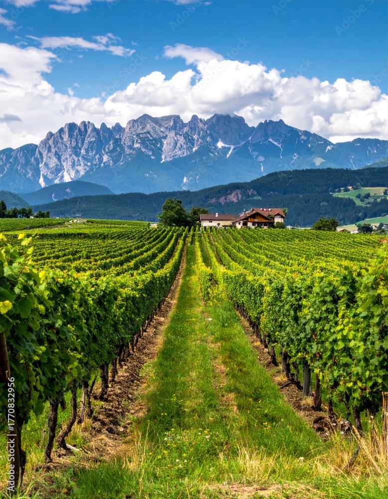 Fototapeta premium Vineyard Landscape with Mountain Backdrop - A Serene View of Wine Country.