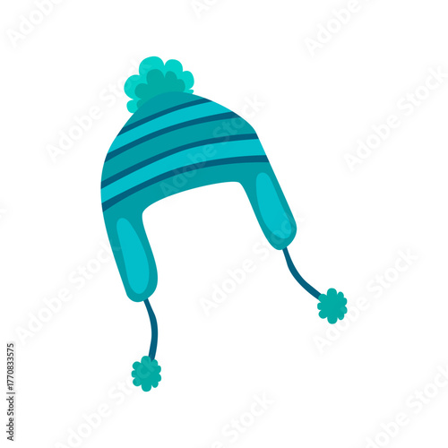 Teal winter hat with earflaps and pompom. Ideal for winter fashion, outdoor activities, cold weather apparel, and cozy accessory themes.
