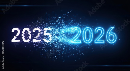 Transitioning from 2025 to 2026 with glowing numbers