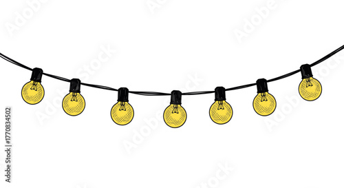 Sketch vector illustration of a string light garland made of yellow bulbs, symbolizing celebration, coziness, and festive atmosphere. Isolated on a transparent background
