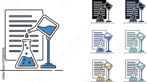 Scientific laboratory experiment icons showing liquid transfer into a flask