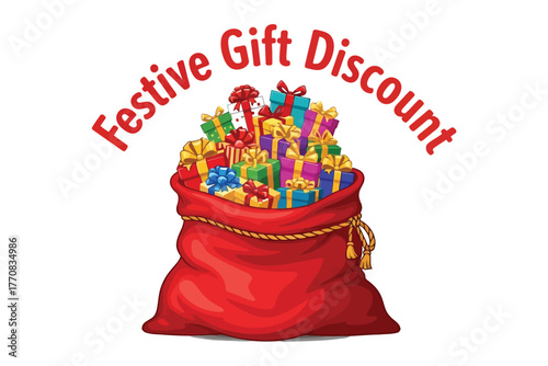A large red sack overflowing with festive gift boxes signifies a holiday discount.