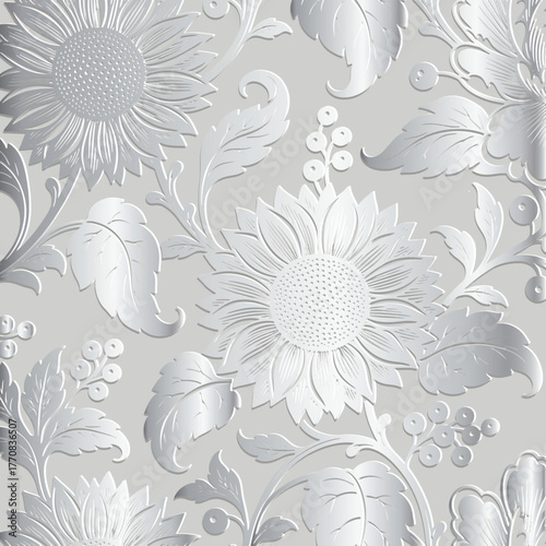 3d embossed silver floral seamless pattern with relief sunflowers, leaves and  berries in a luxury white and gray surface 3D texture. Vector emboss beautiful background with embossing effect.